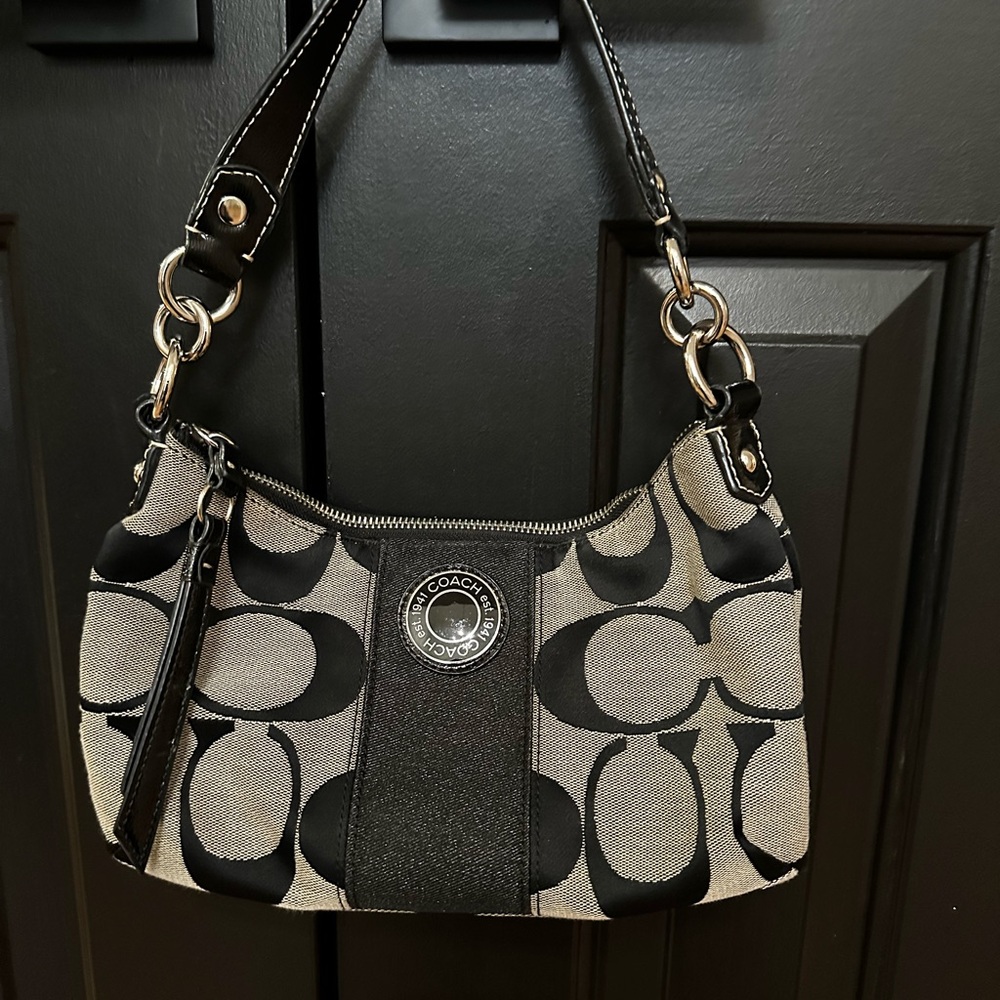 Coach Black and Beige Signature Jacquard Mini Shoulder Bag with Leather Trim